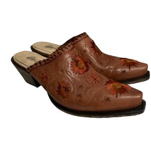 Dan Post Western Floral Embroidered Leather Mule Clogs Tan Orange Size 8.5 Women